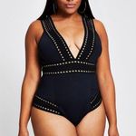 River Island NWT Black Gold Embroidered Plunge One Piece Swimsuit Size 20 NEW Photo 1