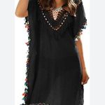 Black Swimsuit Beach Pool Cover Up Colorful Pom poms Tassels One Size Vacay Photo 7
