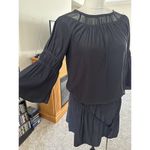 Ramy Brook  Women's Sheer Silk Belted Dress Navy Blue Drop Waist Tiered Sleeves Photo 2