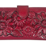 Handmade Vtg Red Tooled Leather Sunflower Womens Embossed Clutch Wallet Mexico 8" x 4" Photo 0