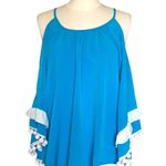 Vava by Joy Han Blue Cold Shoulder Top Pom Pom Trim Blouse Women's Size Small Photo 0