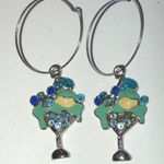 Silver Tone Hoop Dangling Margarita Cocktail CZ Rhinestones Pierced Earrings Photo 0