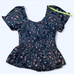 Babydoll Bohemian Floral Top with Flowy Sleeves and Keyhole Blue Photo 3