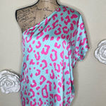 Entro NTM: One Shoulder Minty Blue with Pink Leopard Print Blouse Sz Small Photo 0