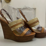Coach Beatriz Sz 7.5 Leather Gold Woven Wedge Platform Sandals Glam READ Photo 0