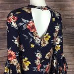 Boho Dark floral choker mini dress‎ with statement ruffle sleeve S Blue Photo 4