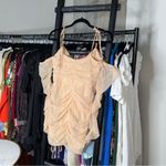 Oh Polly  Tie Shoulder Mesh Ruched Mini Dress in Sand Photo 5