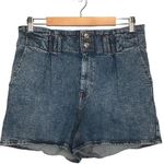 EXPRESS Midi Super High Rise Pleated Stonewash Y2K 90s Denim Shorts Mom Blue 12R Photo 0