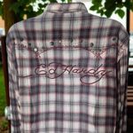 Ed Hardy Y2K  Red Black Plaid Jeweled Embroidered Buttondown Holiday Rodeo S Photo 2