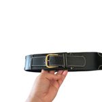 Vintage Dame Black Authentic Leather Belt white stitching Brass gold Buckle Photo 1