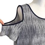 Elle  Women's Shift Dress Cold Shoulder Short Sleeve Striped Midi Large Navy Blue Photo 2
