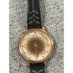 Womens Accutime Gold Tone Floral Watch Black Leather Strap Detail Photo 5