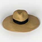 Vince Camuto Women's Tan Wide Brim Sun Hat OS Black Band Gold V Packable Resort Photo 3
