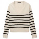 Mango Cashmere Blend V-Neck Striped Fine-Knit Sweater Luccavr Beige Black NWT Photo 1