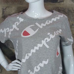 Champion  T Shirt Woman's Small Heritage‎ Athletic Gray Cropped All Over Script Photo 1