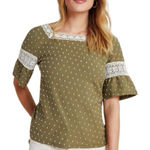 Maeve NWT Anthropologie  Square Neck‎ Lace Trimmed Blouse Top Green Size Small Photo 0