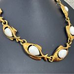 Trifari  Signed School Of Fish Goldtone Milk Glass Fish Link Statement Necklace Photo 11