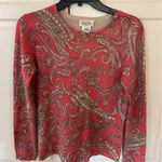 Talbots  Paisley Print Crew Neck Long Sleeve Sweater Coral Green Women'sS Photo 0
