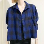 Wild Fable Navy Buffalo Check Plaid Flannel Cropped Button Down Shirt Size XL Photo 3