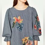 ZARA  floral embroidered Denim balloon sleeve Top Size Xs Photo 0