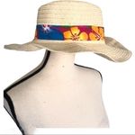 vintage Floral Print Beach Straw Brim Hat Blue Photo 0
