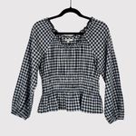 Madewell Womens Top Blue Sophie Textured Plaid Smocked Peplum Blouse Peasant XS Photo 1
