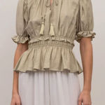 Moon River  Womens Tie Front Puff Sleeve Ruffle Peplum‎ Blouse Sage Green Large Photo 0