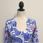 Katherine Way White Pink Blue Periwinkle 3/4 Circular Flounce Sleeve U Neck Top Size XS Photo 1