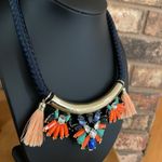 Jeweled Statement Necklace Navy Blue Cord Rhinestone Teal Orange Blue Photo 3