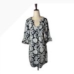 Aryeh  Dress Women Medium Navy Blue Ivory Damask Bell Sleeve Tunic Mini Boho‎ Photo 1