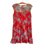 Boston Proper  Red Floral Embroidered Midi Dress‎ Flared Hem Sz 18 Mesh Overlay Photo 4