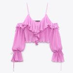 ZARA NEW  pink ruffled & pleated cold shoulder cropped blouse women’s size medium Photo 2
