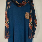 Boutique  Glitter Feather Blue Long Sleeve Cowl Neck Tunic Dress Top 3X Photo 0