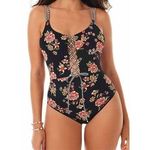 Skinny Dippers Lace Up Floral Swim Suit Small Black Photo 1