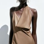 ZARA  Brown Halter satin maxi Dress evening wedding party cocktail  Photo 3