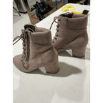 Madden Girl Womans Tan Faux Suede Side Zip Lace Up Bootie 6 M Block Heel Photo 2