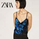 ZARA  Juliette Strappy Blue Sequin on Black Velvet Tank Top Camisole‎ Size Small Photo 3