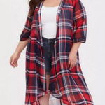 Torrid  kimono duster navy & red plaid sz 1/2 Photo 0