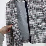J.Crew  Tweed Fringe Plaid Blazer Jacket Navy Blue Red White Size 10 EUC Photo 7