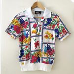 Silver Threads Floral Polo Shirt Sz S White Photo 0