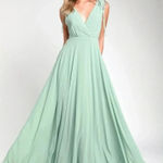 Lulus Bridesmaid Maxi dress Dance the Night Away Sage Green Backless mint bows Photo 0