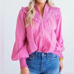 Karlie ‎ Large Pink Linen Smock Top Button Up Long Sleeve Lightweight Ruffle NWOT Photo 0