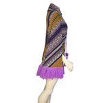 VINTAGE Poncho Full Zip Arm Holes Collar Purple Print Fringe Pom Poms One Size Size undefined Photo 2