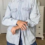 Gloria Vanderbilt Blue and white striped button up shirt with a western vibe and metal grommet Photo 4