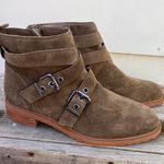 Bleecker and Bond  Kelsey tan suede buckle strap ankle booties 8.5M Photo 0