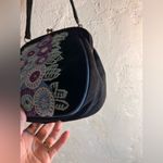 Black Suede Bag Vintage LULU GUINESS Purple Blue Floral embroideried needlepoint Photo 5