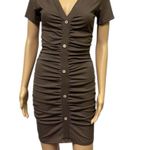 Beyove Ruched Brown Bodycon Ribbed V Neck Button Front Short Sleeve Mini Dress S Photo 0