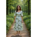 AW Bridal Sage Garden Party Floral Midi Dress Square Neck Women's Size 8 Green Photo 1