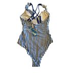 Cupshe  Blue White Striped‎ One Piece Swimsuit Ruffle Trim Photo 3