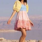 Oliphant NEW Bubble Skirt Puff‎ Sleeve Mini Dress in Canary Multi Women's Size S Yellow Photo 13